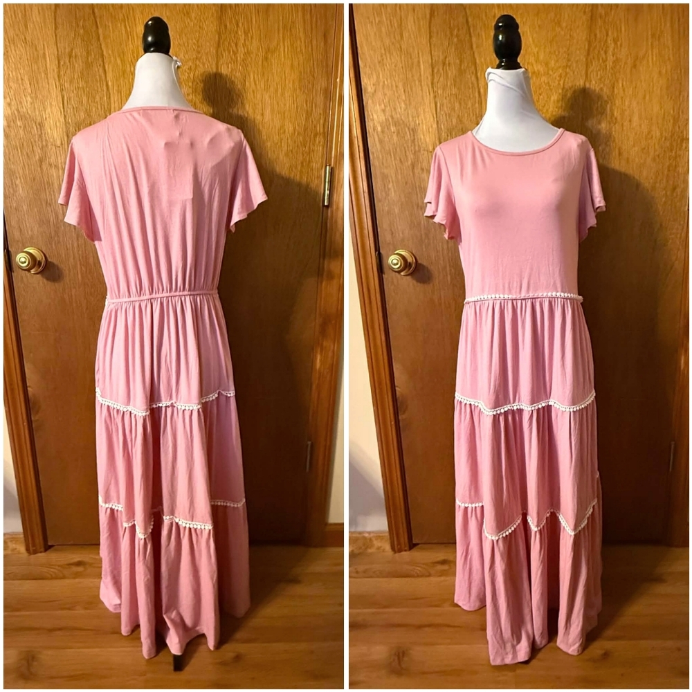 NWT Merokeety Pink Flutter Sleeve Crochet Crew Flowy Tiered Shirt Dress Maxi M - Picture 3 of 11